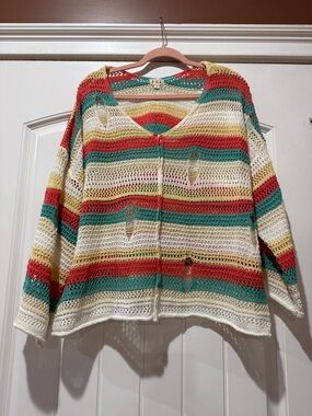 POL Striped Crochet V-Neck Sweater in Cream, Red, Teal & Yellow